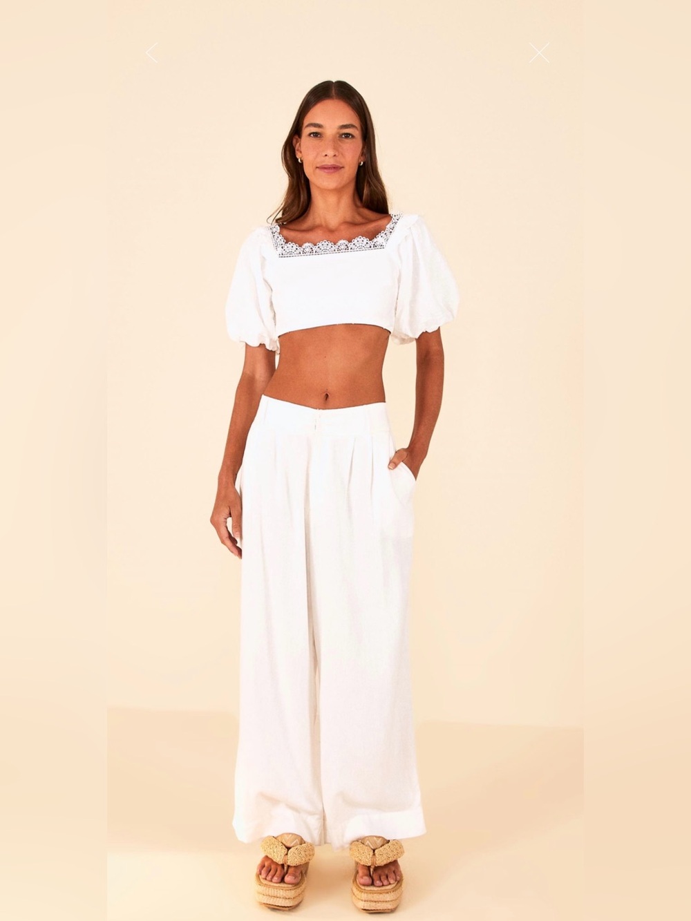FARM Rio White Lace Trim Puff Sleeve Crop Top – Size L – NWT